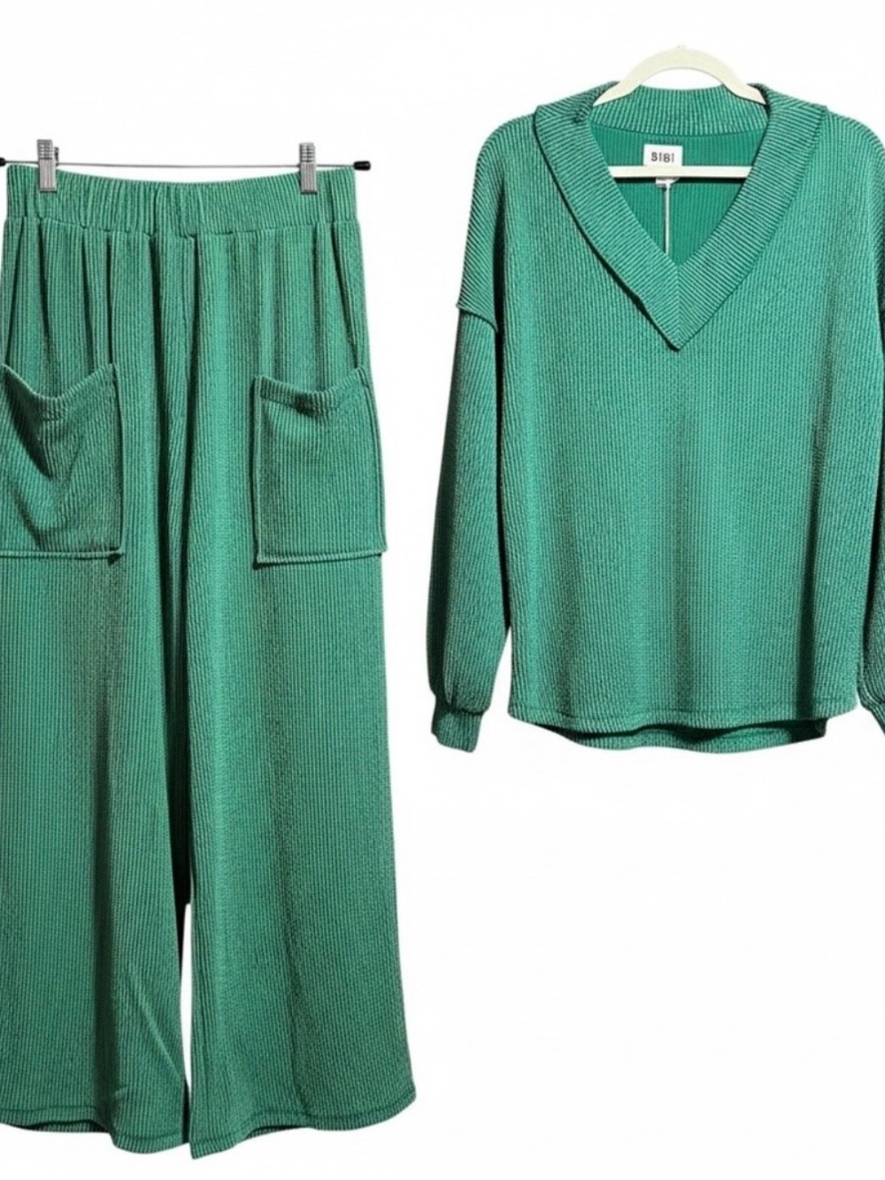 BiBi Jade Green Knit Sweater and Wide-Leg Pant Set